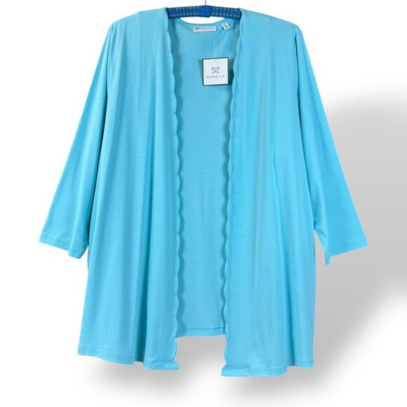 Rafaella Cardigan Womans Sz 2X Sky Blue Open Front 3/4 Sleeve Stud Trim Sweater - Picture 1 of 12
